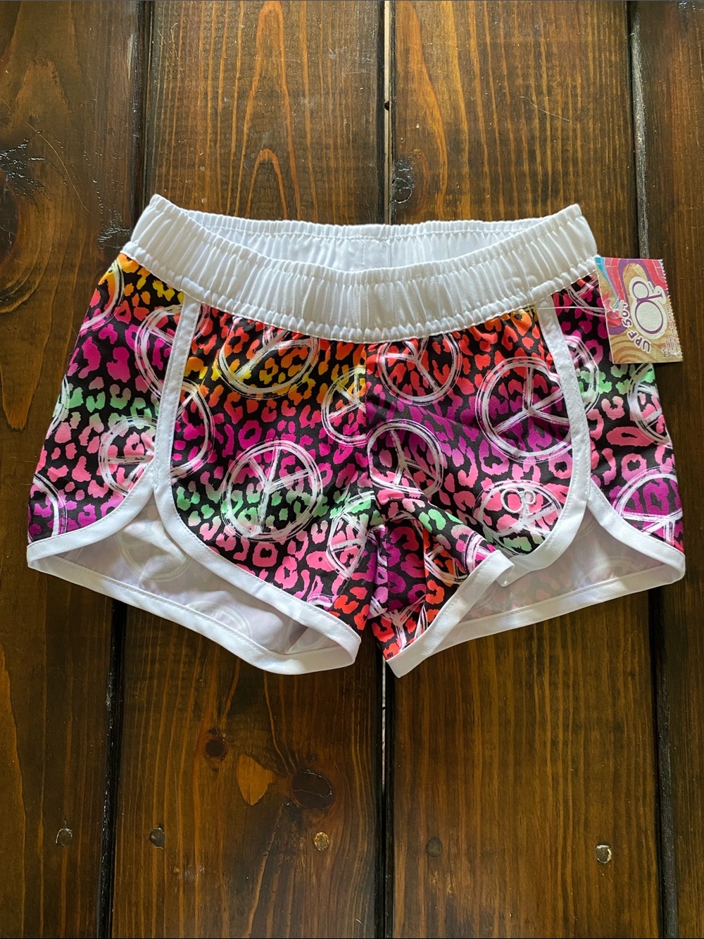 Girls' Neon Leopard Peace Sign Athletic BoardShorts with White Trim - Multicolor
